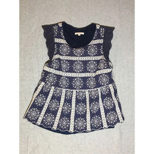 Womens Skies Are Blue Blouse Size Medium Blue White Crochet Boho Beachy Cotton